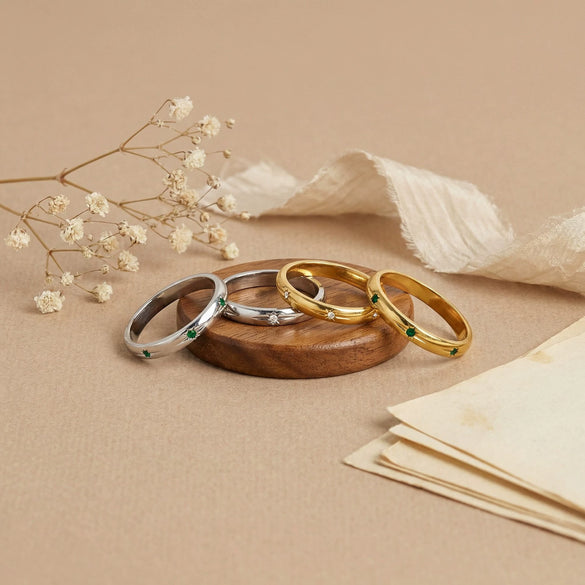 Light Luxury White And Green Zircon Plain Ring Gold And Silver Twotone Women's Ring