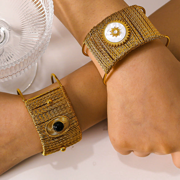Light Luxury Wide Bracelet For Women Titanium Steel Plated 18K Gold With Inlaid Natural Stone Electroplated