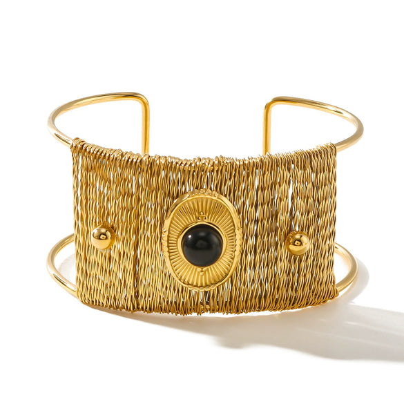 Light Luxury Wide Bracelet For Women Titanium Steel Plated 18K Gold With Inlaid Natural Stone Electroplated