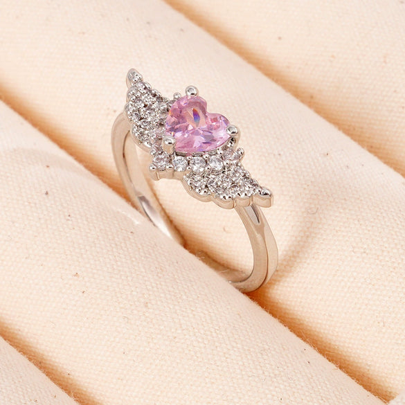 Light Luxury Women's Copper Ring Inlaid With Zircon Wing Heart Shape Electroplated