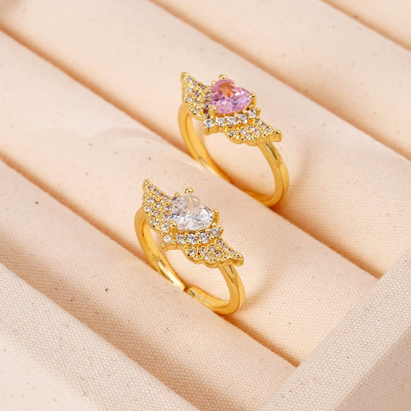 Light Luxury Women's Copper Ring Inlaid With Zircon Wing Heart Shape Electroplated