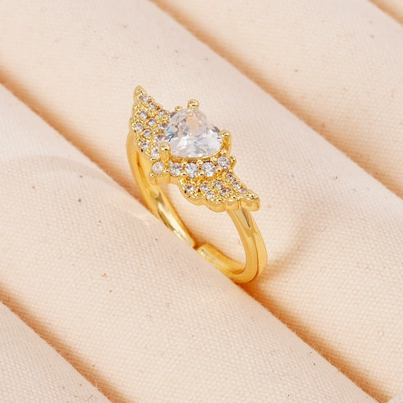 Light Luxury Women's Copper Ring Inlaid With Zircon Wing Heart Shape Electroplated