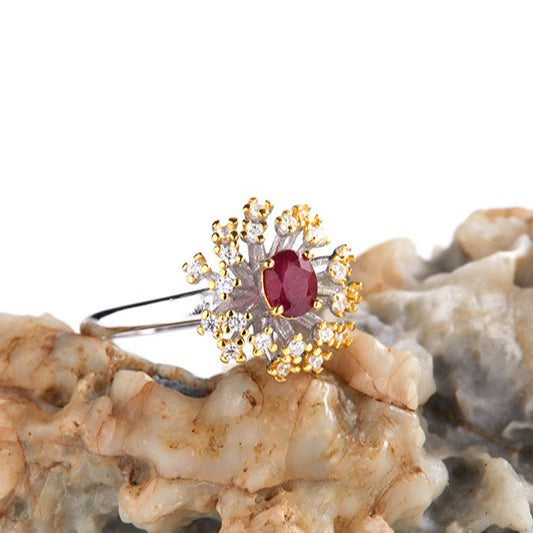Light Luxury Women's Jewelry Set With S925 Sterling Silver And Natural Ruby Color Gemstone Geometric Ring