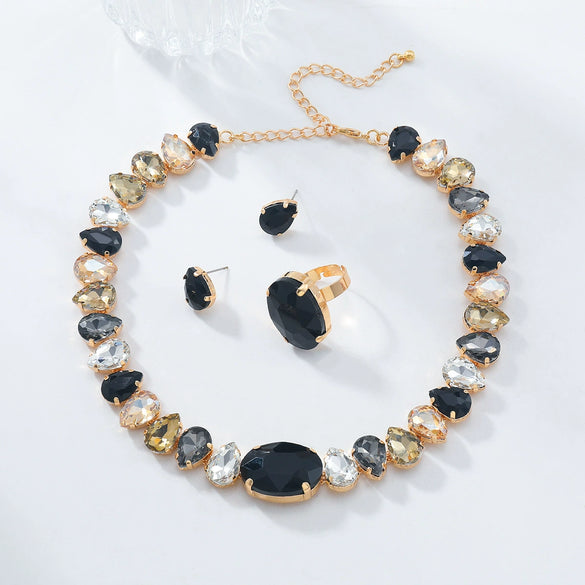 Light Luxury Women's Rhinestone Jewelry Set Necklace Earrings Ring With Inlay Design
