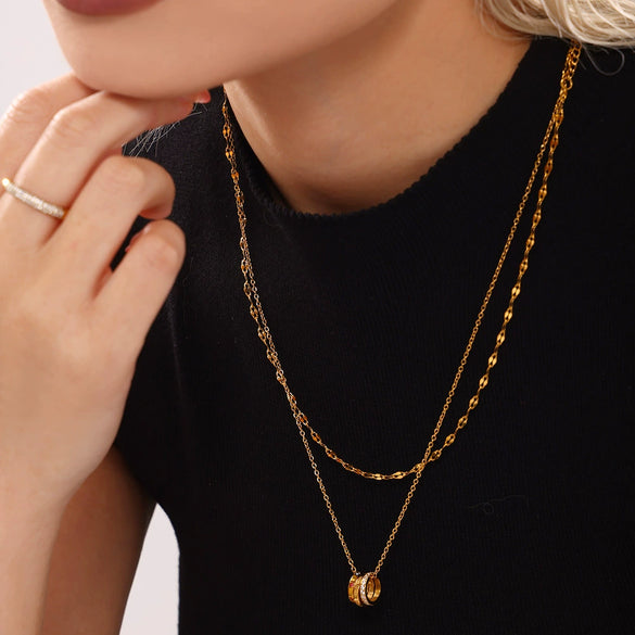 Light Luxury Women's Three Ring Stacked Clavicle Necklace In Mixed Color With Diamond Like Zircon On Stainless Steel Electroplated Geometric Design