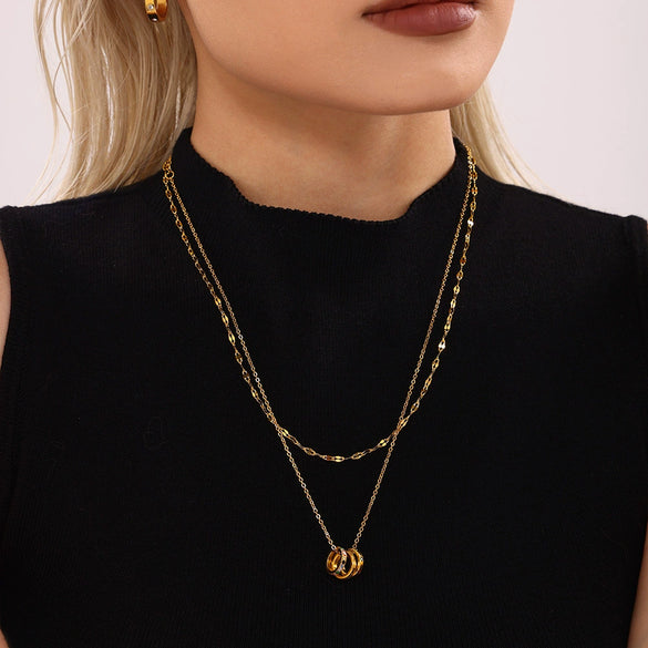 Light Luxury Women's Three Ring Stacked Clavicle Necklace In Mixed Color With Diamond Like Zircon On Stainless Steel Electroplated Geometric Design