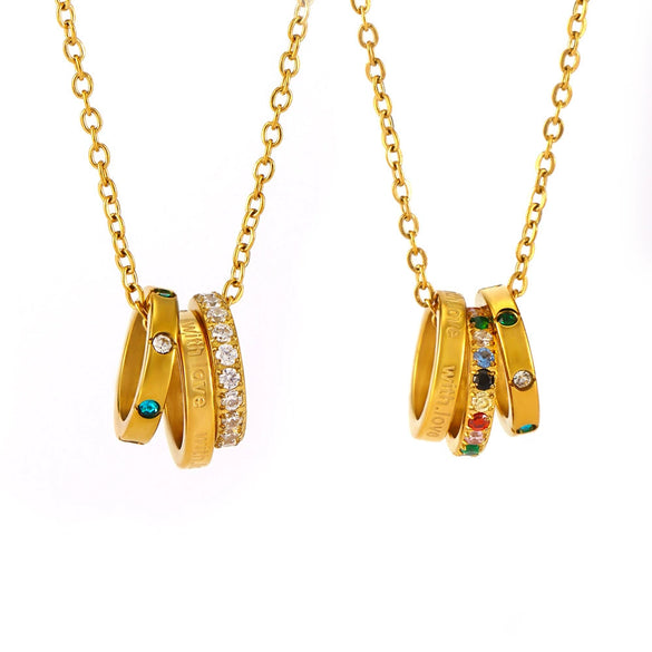 Light Luxury Women's Three Ring Stacked Clavicle Necklace In Mixed Color With Diamond Like Zircon On Stainless Steel Electroplated Geometric Design