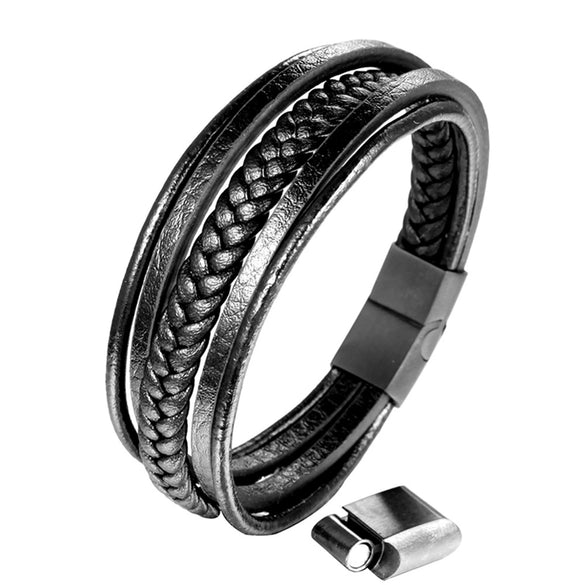 Light Luxury Woven Titanium Steel And Leather Multi Layer Geometric Bracelet For Men And Unisex