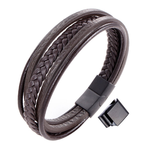 Light Luxury Woven Titanium Steel And Leather Multi Layer Geometric Bracelet For Men And Unisex