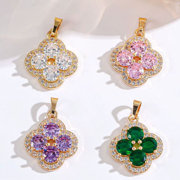 Light Luxury Zircon Four Leaf Clover Pendant Necklace Inlay Flower Style Jewelry Accessory