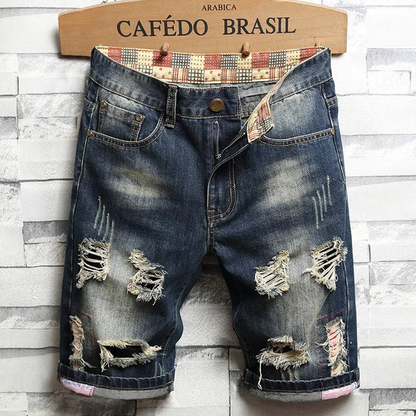 Lined Jeans Men'S Ragged Five-Point Beggar Pants Four Seasons Trendy Brand Personalized Men'S Jeans Jeansmen