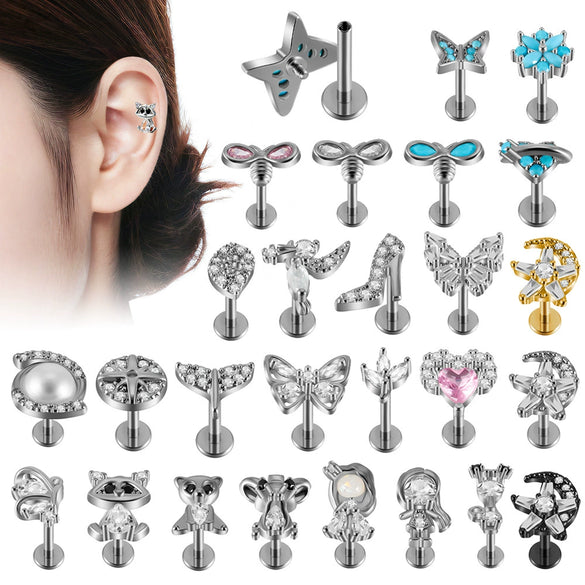 Lip Nail Piercing Earrings Stainless Steel Zircon Heart Shape