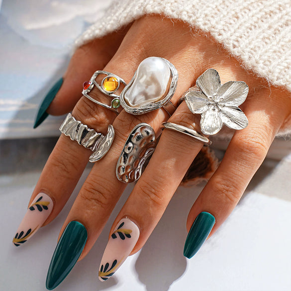 Liquid Lava Flower Open Ring With Baroque Imitation Pearl And Gemstone Inlaid Zinc Alloy Geometric Pattern Electroplating For Women