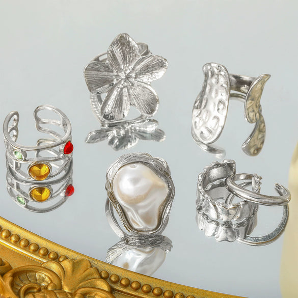 Liquid Lava Flower Open Ring With Baroque Imitation Pearl And Gemstone Inlaid Zinc Alloy Geometric Pattern Electroplating For Women