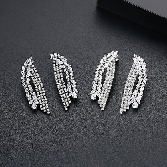 Long Branchshaped Geometric Copper Drop Earrings With Crystal Zircon Inlay And Electroplated Finish For Women