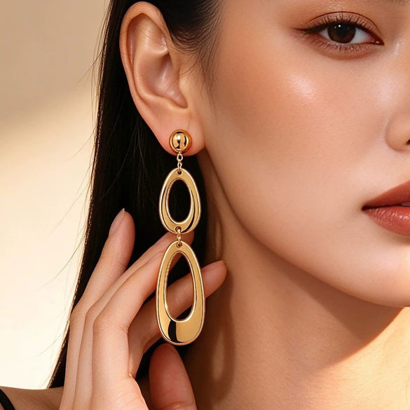 Long Geometric Double Oval Linked Alloy Stud Earrings With Stainless Steel Posts Light Luxury Jewelry Wholesale