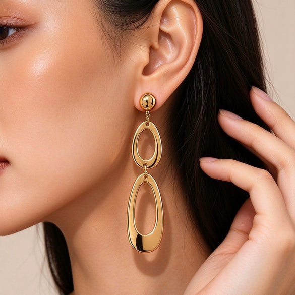 Long Geometric Double Oval Linked Alloy Stud Earrings With Stainless Steel Posts Light Luxury Jewelry Wholesale