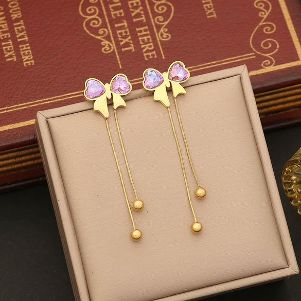 Long Tassel Bow Fashion Stainless Steel Necklace With Electroplating And Snake Bone Chain