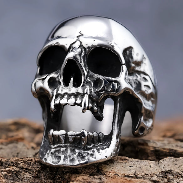 Long Teeth Zombie Skull Ring Gothic Style Boiled Black Polished Stainless Steel Jewelry For Men And Women
