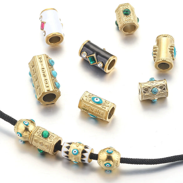 Loose Beads Stainless Steel Natural Stone Doublesided Enamel Oil Eye 18K Gold Vacuum Plated Eight Eyes Drum Beads