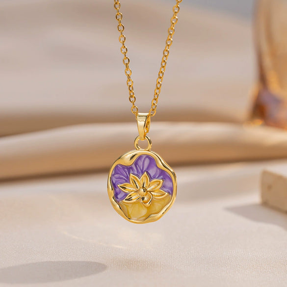 Lotus Pendant French Style Retro Oil Painting Style Light Luxury Niche Non Fading Copper Titanium Steel Flower Shape Dripping Oil Accessory