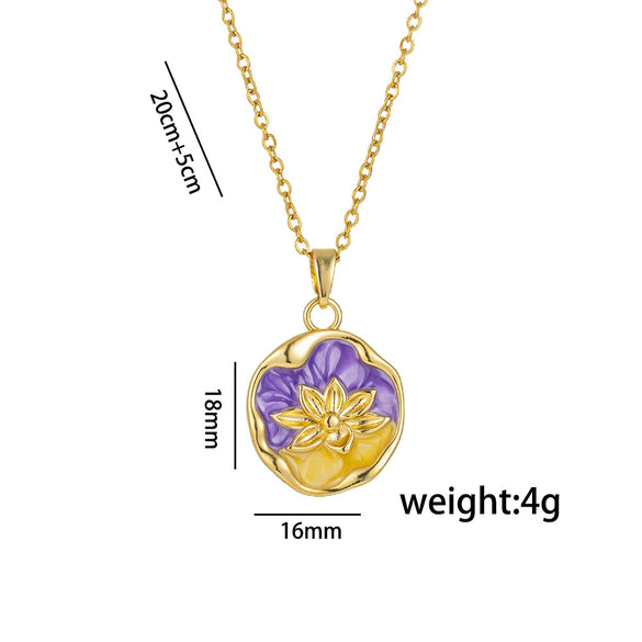 Lotus Pendant French Style Retro Oil Painting Style Light Luxury Niche Non Fading Copper Titanium Steel Flower Shape Dripping Oil Accessory