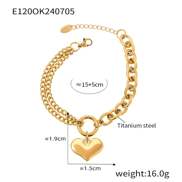 Love Almond Heart Shaped Thick Chain Girl Bracelet In Titanium Steel With Gold Inlaid Design