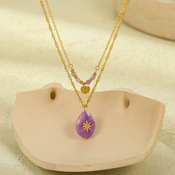 Love Clavicle Necklace Stainless Steel Purple Natural Stone Eightpointed Star Doublelayer Electroplated Fashion