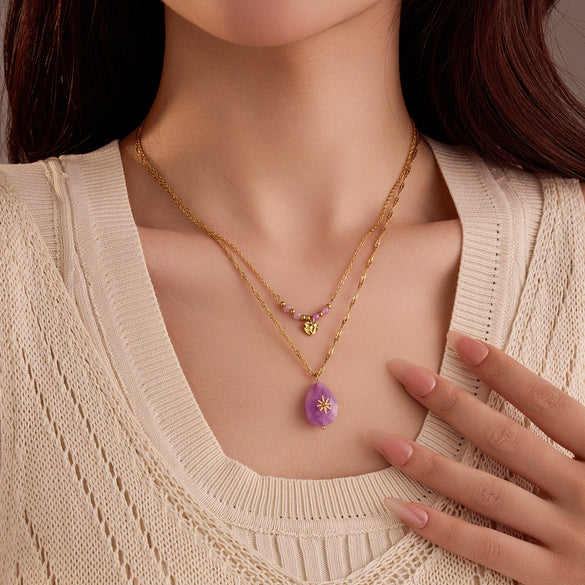 Love Clavicle Necklace Stainless Steel Purple Natural Stone Eightpointed Star Doublelayer Electroplated Fashion