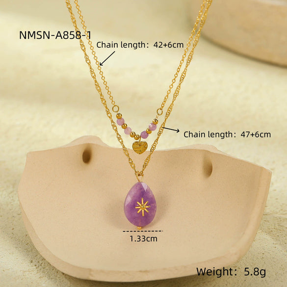 Love Clavicle Necklace Stainless Steel Purple Natural Stone Eightpointed Star Doublelayer Electroplated Fashion