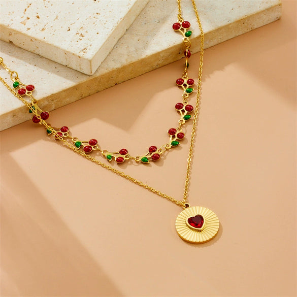 Love Disc Necklace Red Diamond Fruit Shaped Stainless Steel Electroplated Double Layer Stacked For Women Autumn And Winter