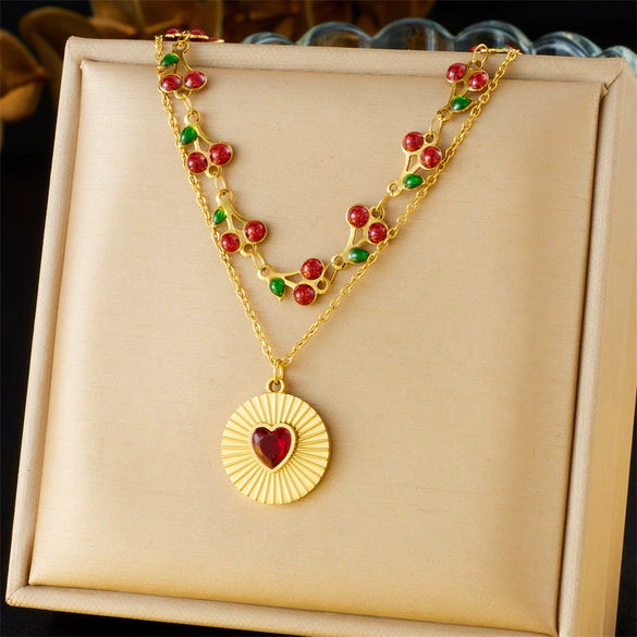 Love Disc Necklace Red Diamond Fruit Shaped Stainless Steel Electroplated Double Layer Stacked For Women Autumn And Winter