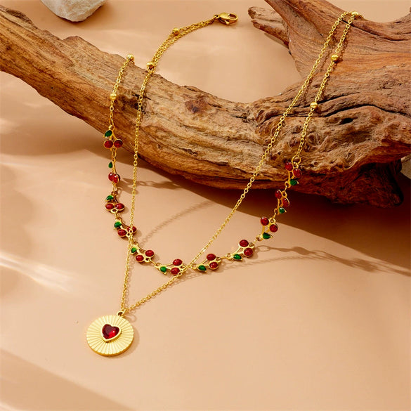 Love Disc Necklace Red Diamond Fruit Shaped Stainless Steel Electroplated Double Layer Stacked For Women Autumn And Winter