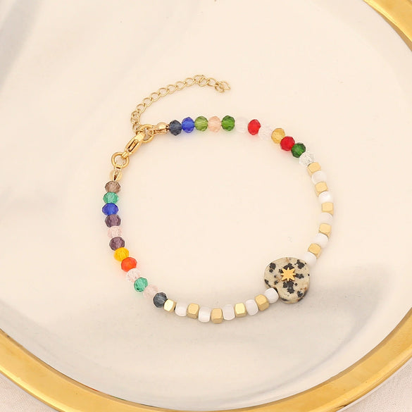 Love Heart Natural Stone Stainless Steel Crystal Bead Women's Bracelet