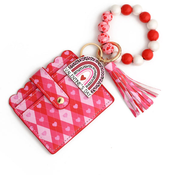 Love Pattern Pu Material Valentine's Day Wooden Bead Keychain And Bracelet