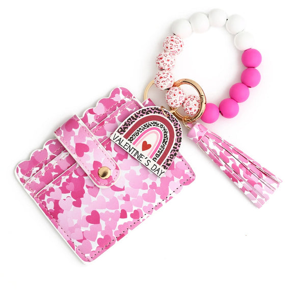 Love Pattern Pu Material Valentine's Day Wooden Bead Keychain And Bracelet