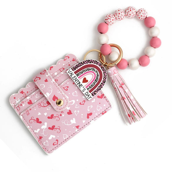Love Pattern Pu Material Valentine's Day Wooden Bead Keychain And Bracelet