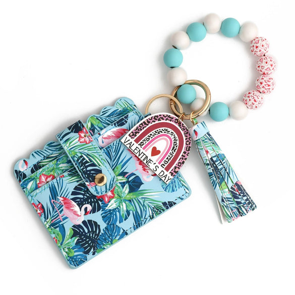 Love Pattern Pu Material Valentine's Day Wooden Bead Keychain And Bracelet