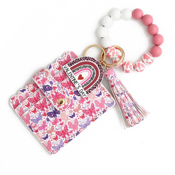 Love Pattern Pu Material Valentine's Day Wooden Bead Keychain And Bracelet
