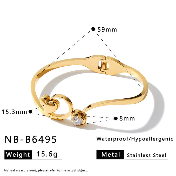 Love Pattern Stainless Steel Bracelet With Zircon Rhinestones And Gold Tone Vacuum Plated Finish