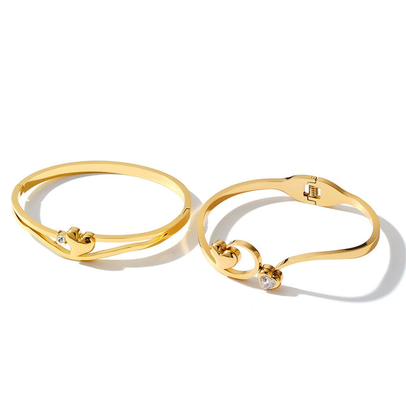 Love Pattern Stainless Steel Bracelet With Zircon Rhinestones And Gold Tone Vacuum Plated Finish