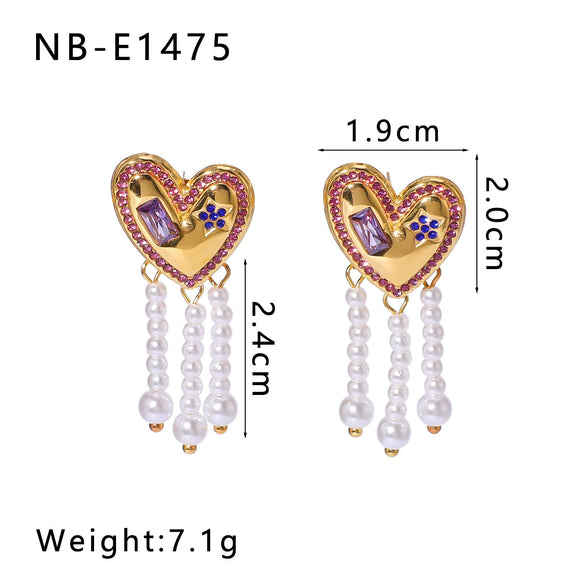 Love Tassel Pearl Long Earrings For Women Geometric Style Stainless Steel 18K Vacuum Plated In Furnace