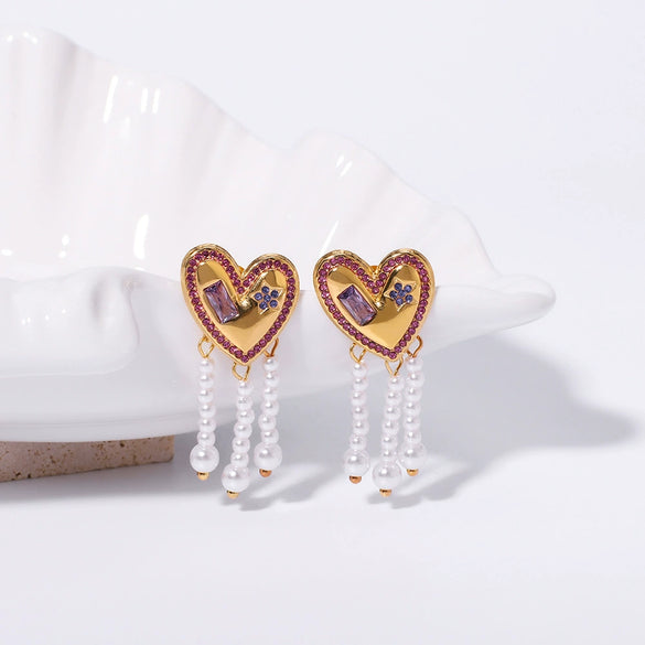 Love Tassel Pearl Long Earrings For Women Geometric Style Stainless Steel 18K Vacuum Plated In Furnace