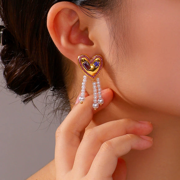 Love Tassel Pearl Long Earrings For Women Geometric Style Stainless Steel 18K Vacuum Plated In Furnace