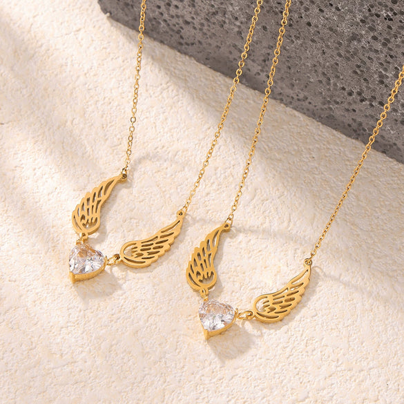 Love Zircon Angel Wings Titanium Steel Necklace For Women With Electroplating And Geometric Design