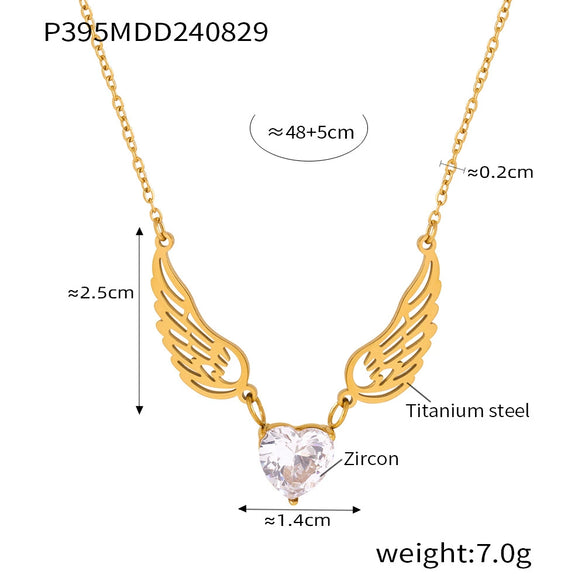 Love Zircon Angel Wings Titanium Steel Necklace For Women With Electroplating And Geometric Design