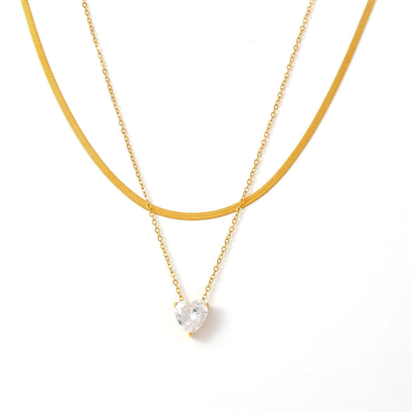 Love Zircon Pendant Stacked With Clavicle Chain For Women Titanium Steel Geometric Light Luxury 18K Gold Plated