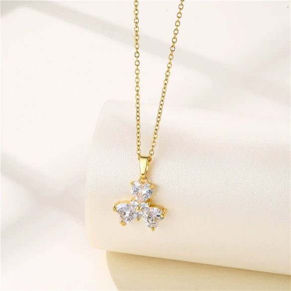 Lucky Clover Pendant Clavicle Chain For Female Stainless Steel Mixed Gem Inlay Electroplating Clover Pattern