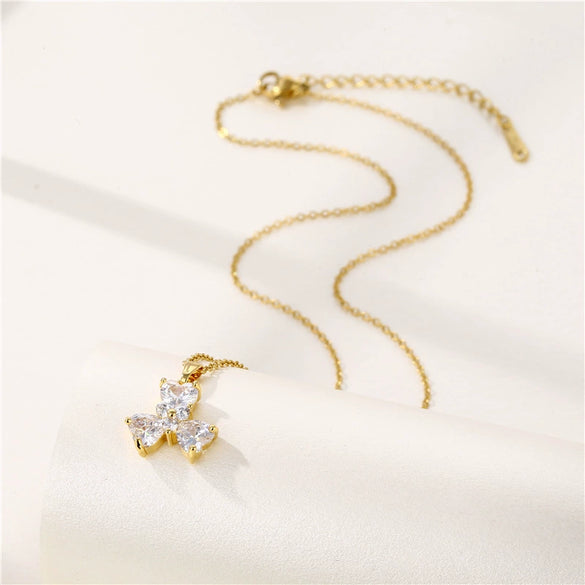 Lucky Clover Pendant Clavicle Chain For Female Stainless Steel Mixed Gem Inlay Electroplating Clover Pattern