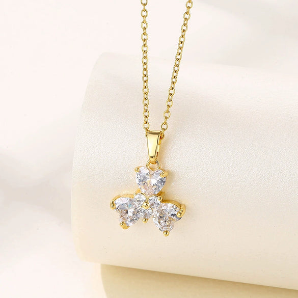 Lucky Clover Pendant Clavicle Chain For Female Stainless Steel Mixed Gem Inlay Electroplating Clover Pattern